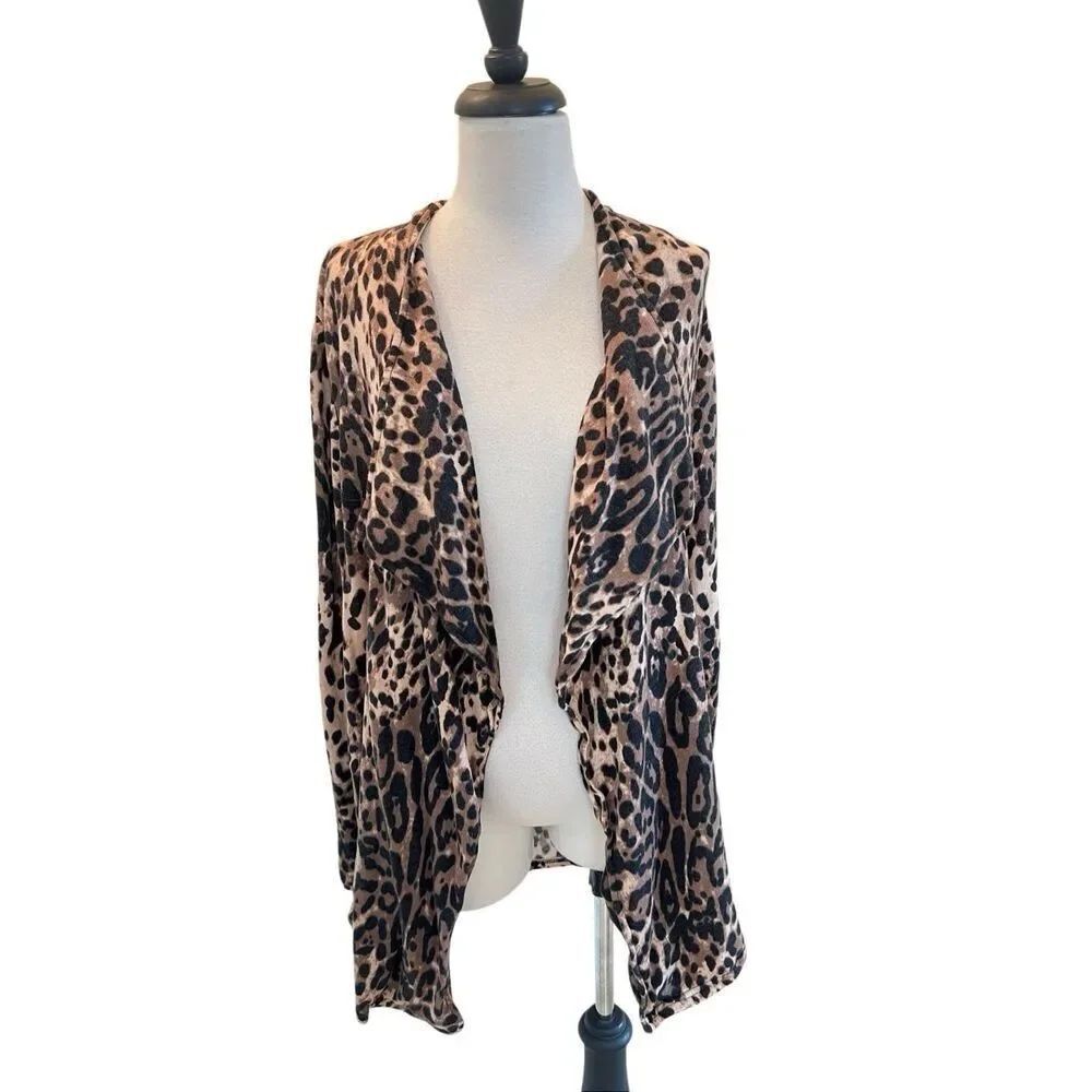 Boston Proper Women's Leopard Open Front Waterfall‎ Cardigan Tan Black Sz Large